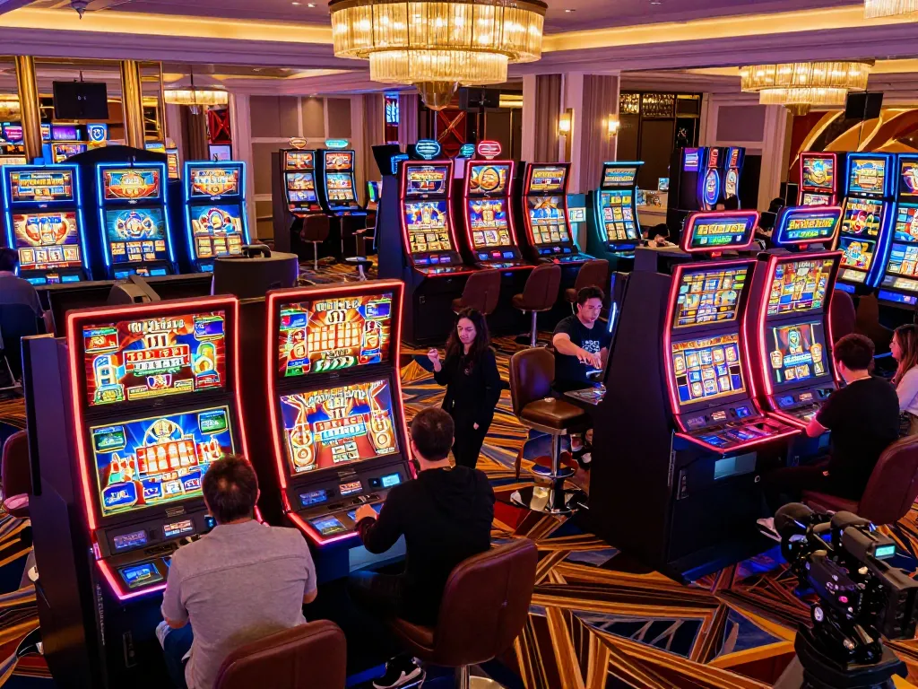Players enjoying various slot machines at secret giris casino, filled with excitement and bright lights