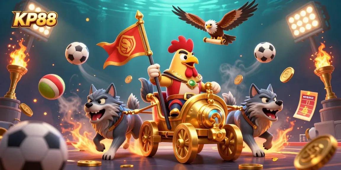Experience the excitement of KP88's dynamic casino games with a cartoon rooster warlord leading the adventure.