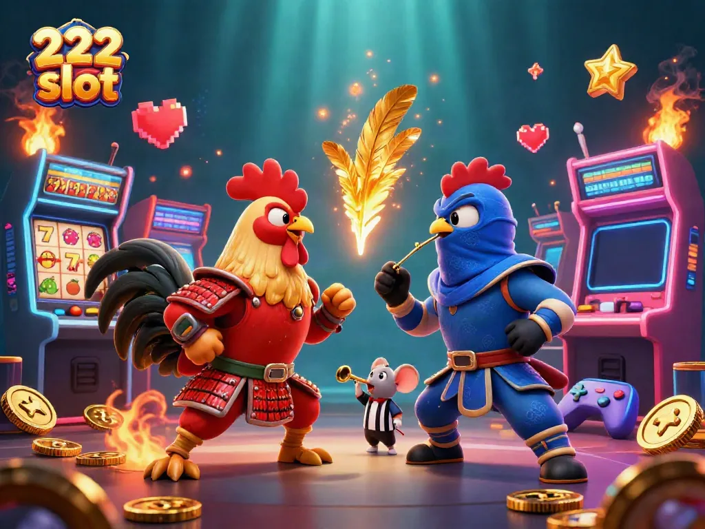 Bermain 222 slot dengan dua ayam bertarung 3D dan simbol jackpot berwarna cerah.
