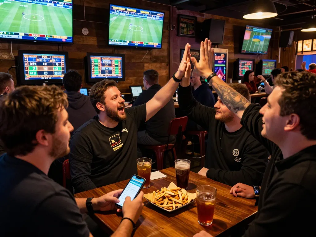 Engaging sports bettors review kèo nhà cái while enjoying drinks and snacks at a lively bar