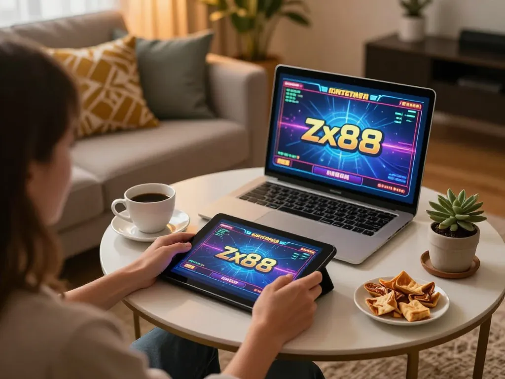 Experience zx88 thrilling online gaming with a vibrant interface in a cozy living room setup.