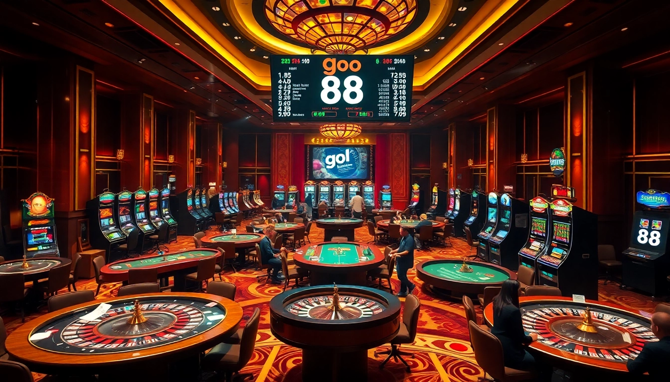 Players enjoying an exciting casino atmosphere featuring the go 88 action with roulette and poker tables.