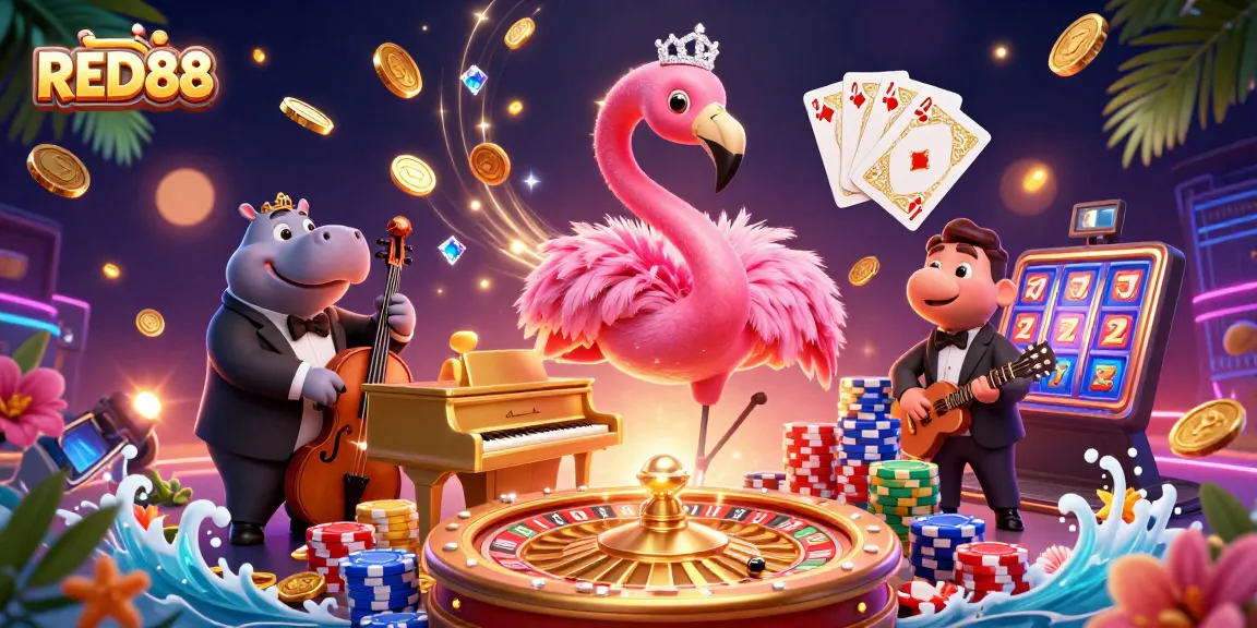 Experience the excitement of RED88 with vibrant casino illustration featuring games, characters, and rich details.