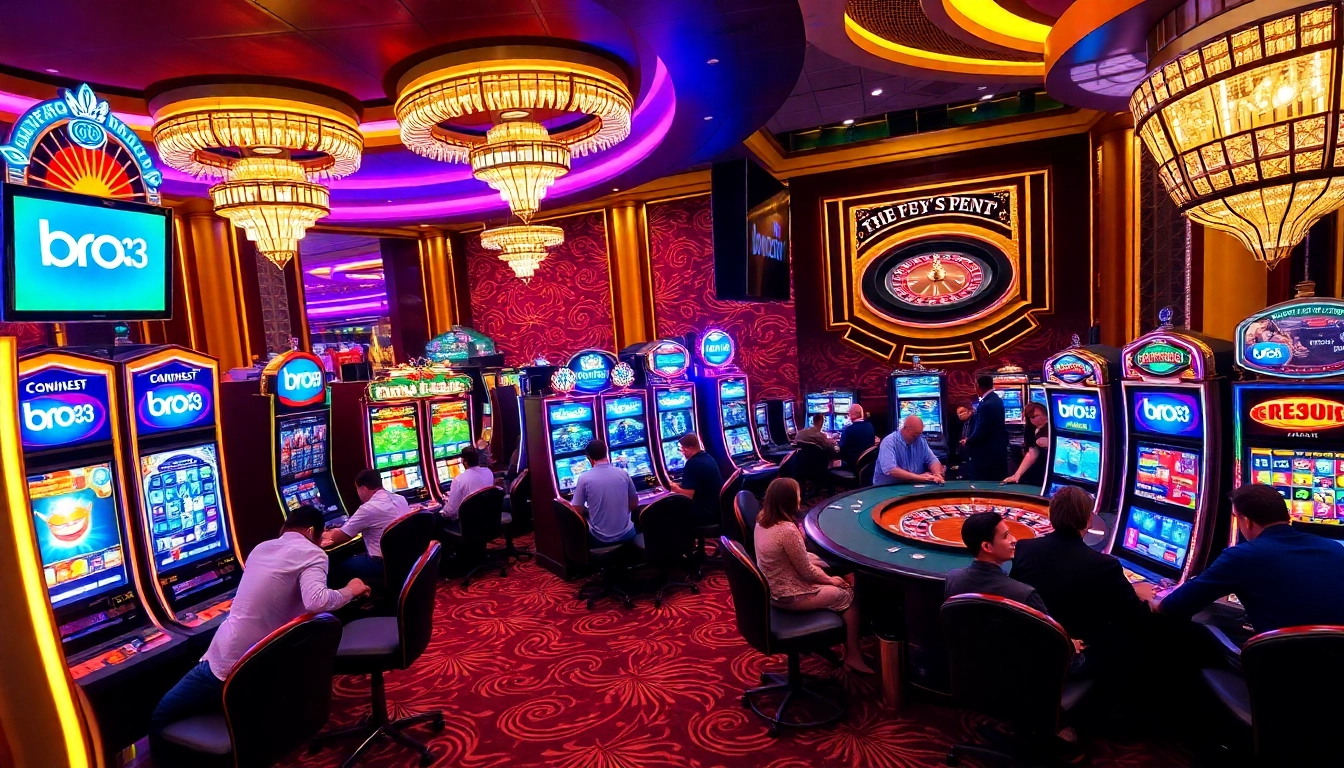 Patrons enjoying the dynamic slot machines and roulette tables at the bro138 casino.