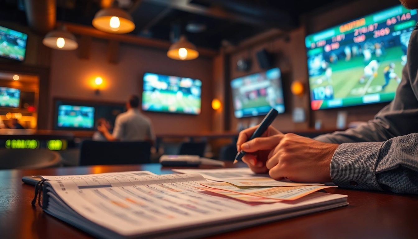 Engaging analysis of sports betting odds in a lively sports bar setting.