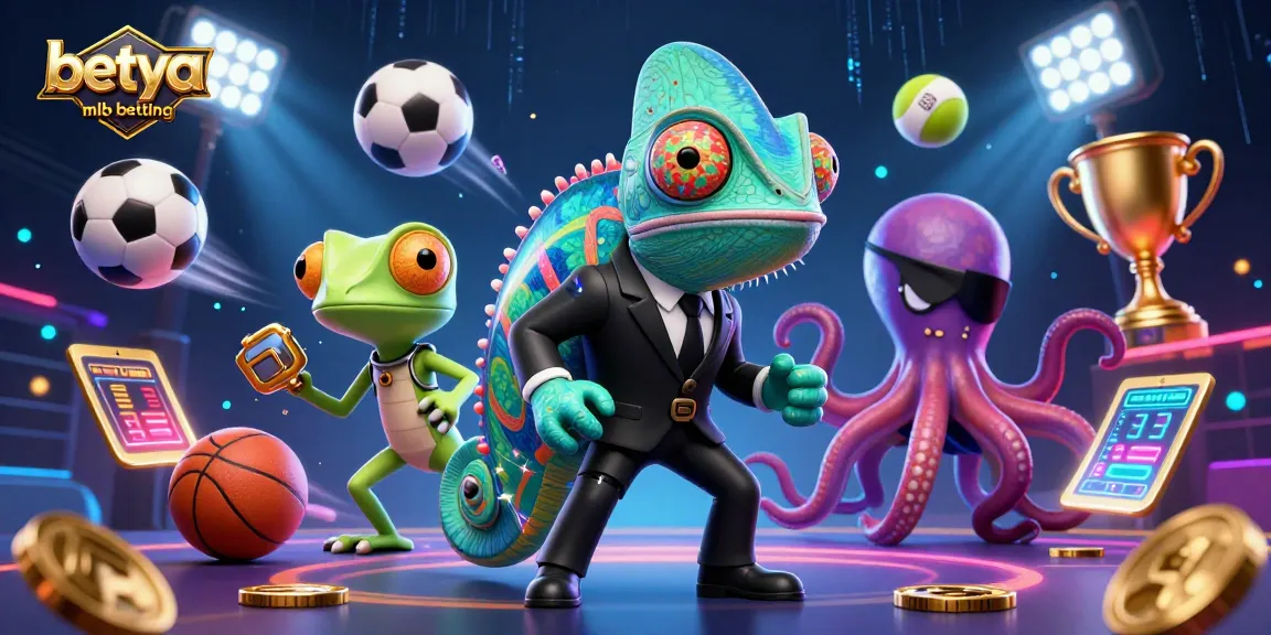 Betya MLB betting scene with a chameleon agent, gecko tech, and octopus villain amid sports elements.