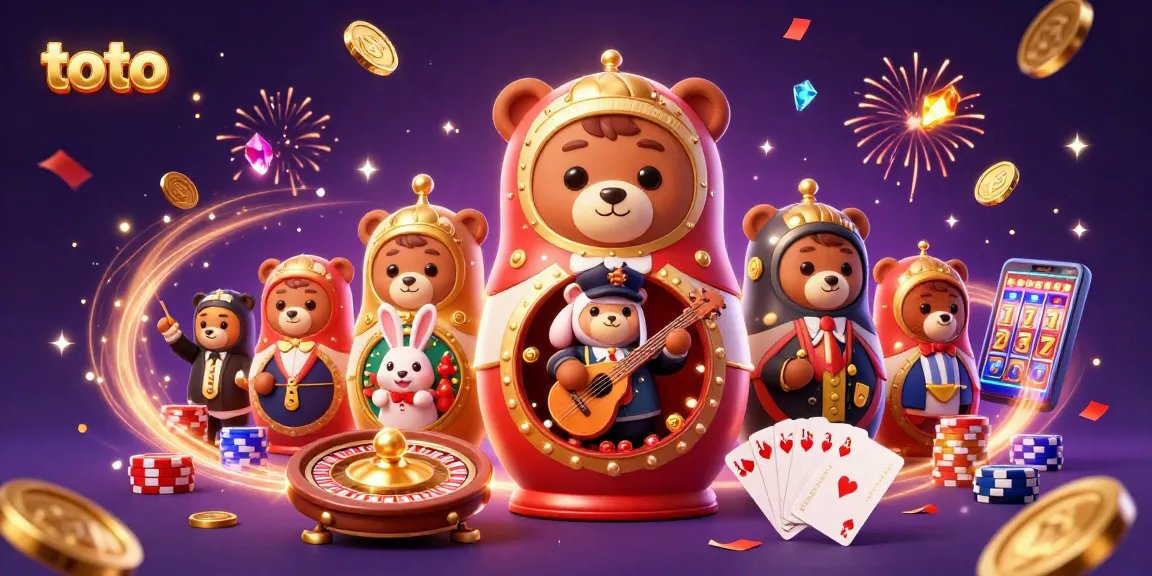 Experience the excitement of toto games with a vibrant casino illustration featuring bears, coins, and cards.