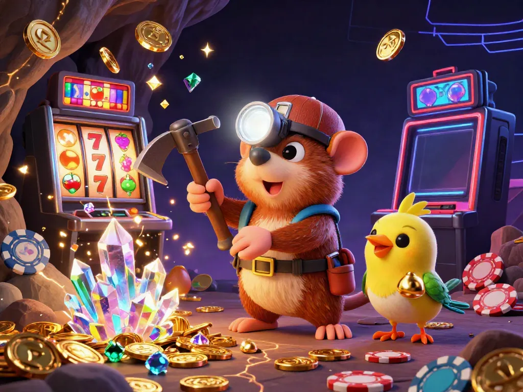 Mole penambang beruntung bermain slot gacor dengan koin emas terbang dan jackpot mengkilap.
