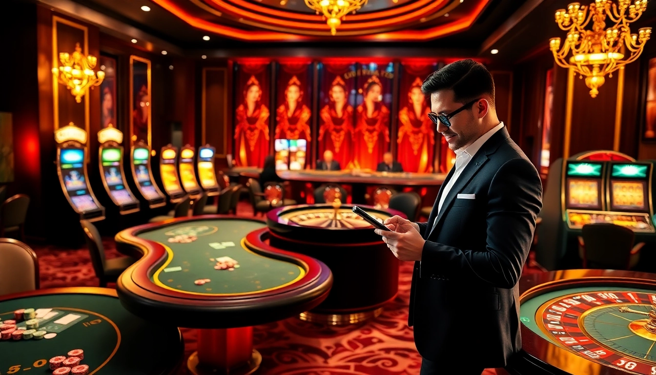 Experience the excitement of onicplay login at a luxurious casino featuring poker tables and slot machines.