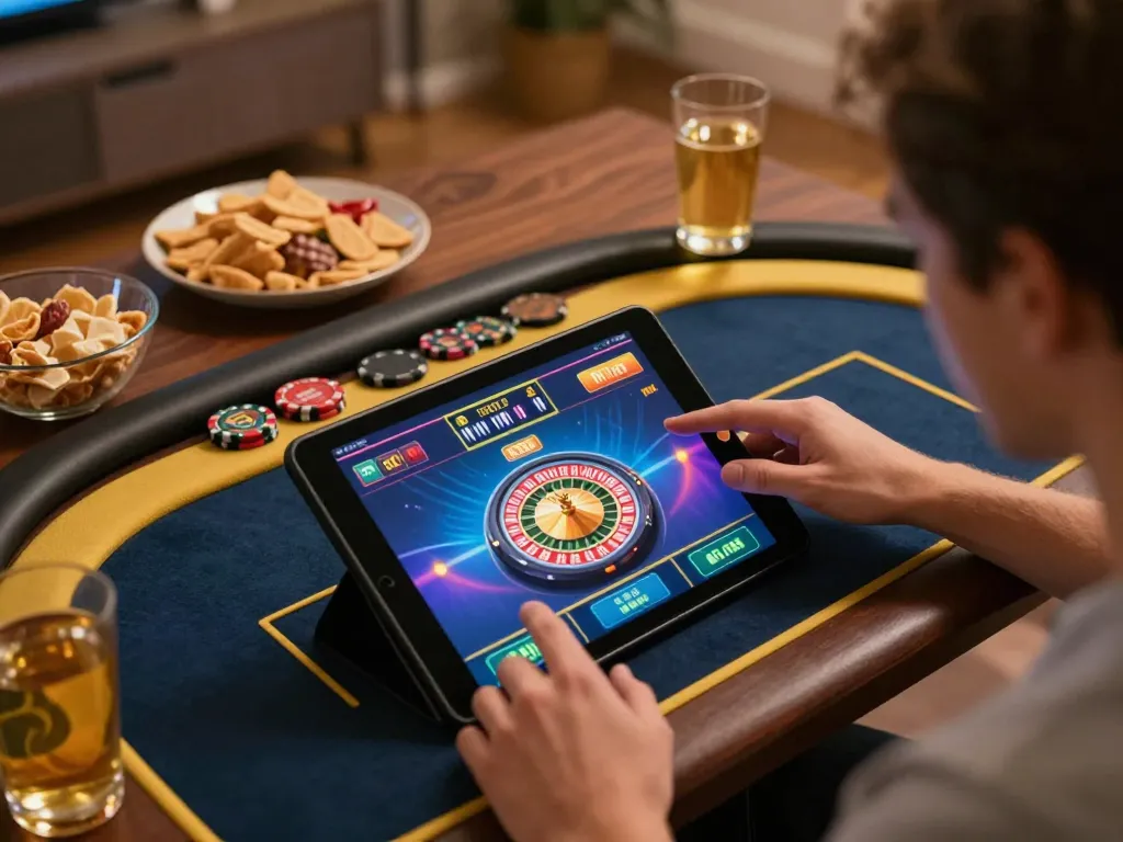 Engaged player enjoying a live dealer game on king33 tablet, showcasing interactive online gambling environment.