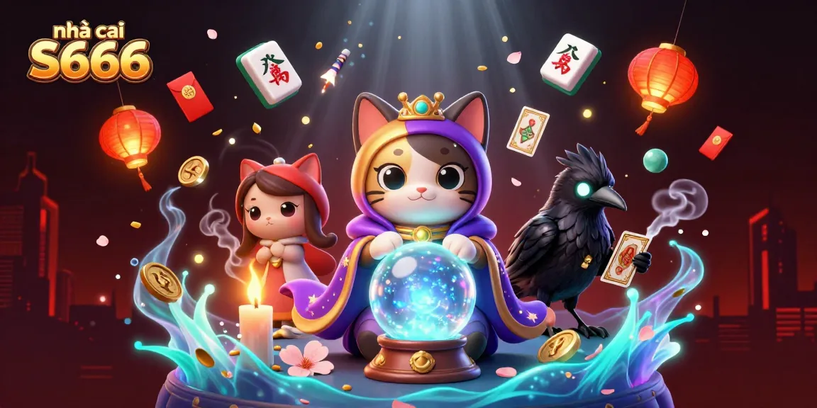Experience the magic at nhà cái S666 with a mystical cat, raven, and vibrant casino elements.