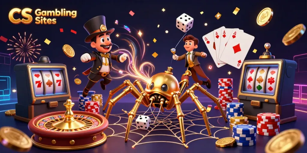 Experience thrilling CS Gambling Sites with vibrant designs, featuring a steampunk spider and lucky game elements.