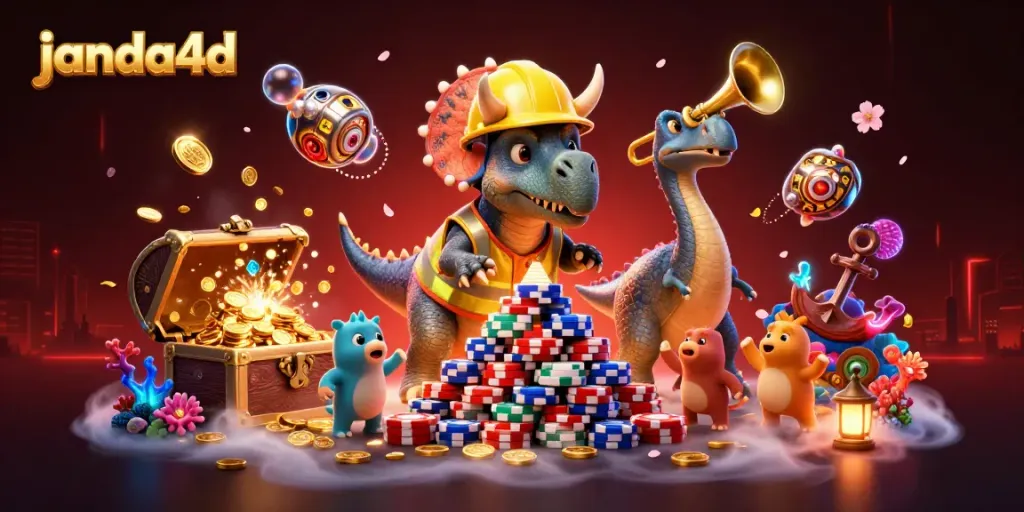 Melihat triceratops merayakan keberhasilan permainan di janda4d dengan tumpukan poker chip
