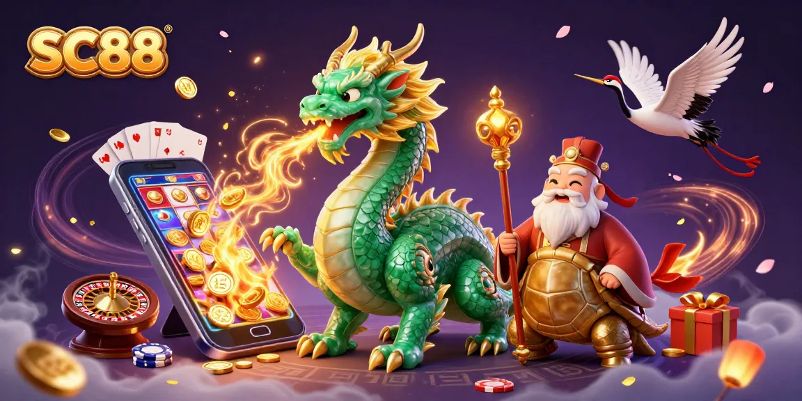 Engage with vibrant SC88 gaming magic featuring dragon, turtle sage, and lucky cranes amidst slot games.
