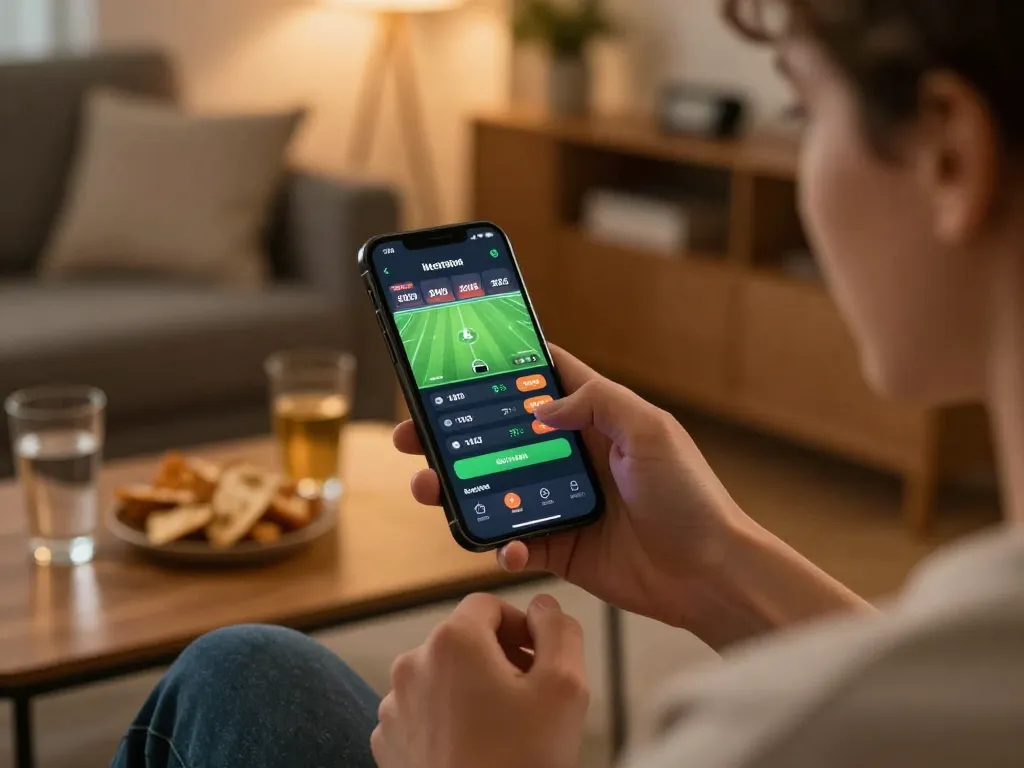 Player engages in sports betting on mobile app with bl555, enjoying a cozy home atmosphere.