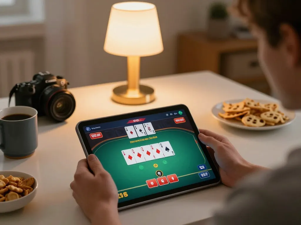 tr88 player engaged in online poker game, showcasing cards and betting interface, cozy home setup