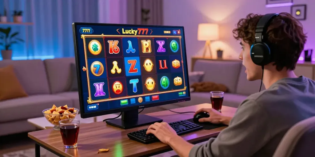 Player enjoying Lucky777 slots on a smartphone in a cozy living room.