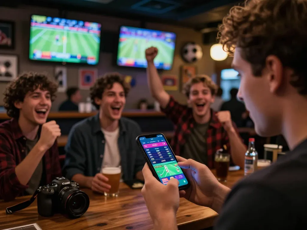 Capturing excitement with live betting odds on a smartphone at a sports bar for kèo nhà cái trực tiếp.