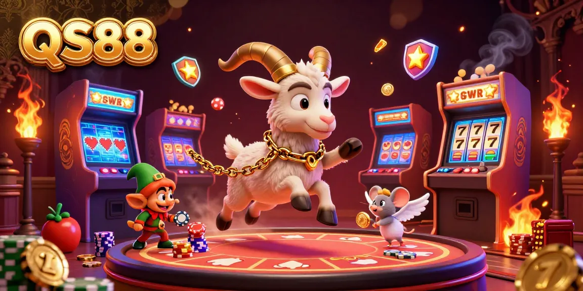 Experience vibrant gaming fun with QS88 in a chaotic casino scene filled with cartoon characters and festive elements.