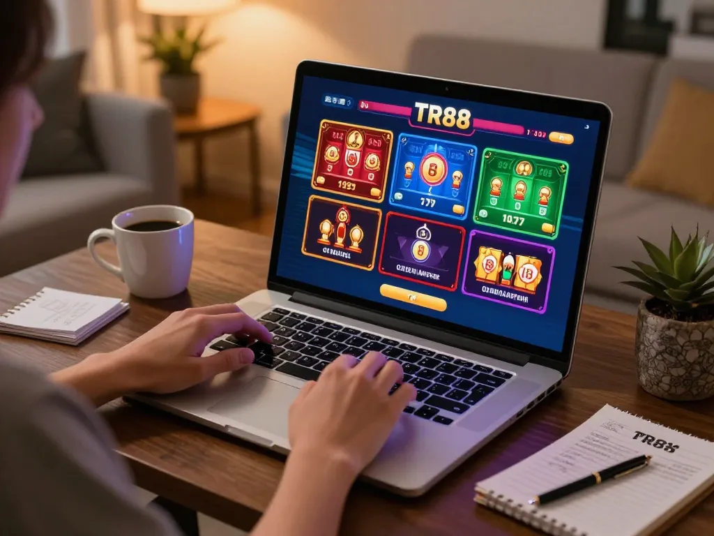 Player enjoying TR88 online casino gaming with laptop in a cozy home setting.