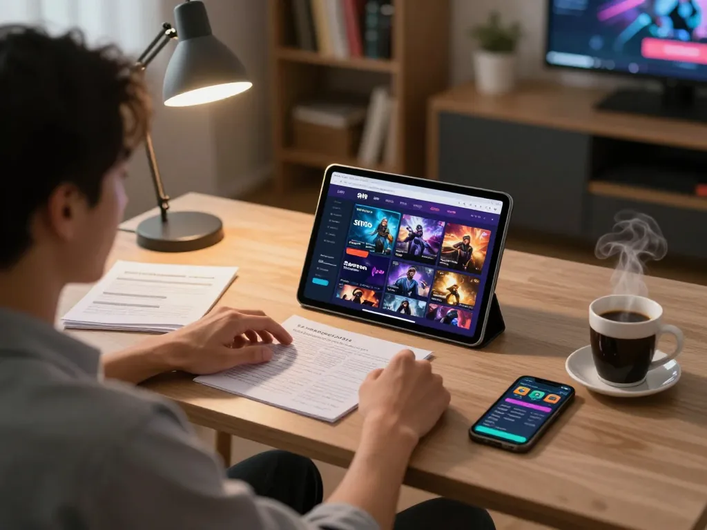 Sesi permainan situs toto online dengan pemain menggunakan tablet untuk menjelajahi strategi taruhan di lingkungan yang nyaman
