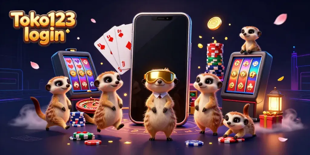 Win big with Toko123 login in this lively meerkat casino scene featuring games and vibrant elements.