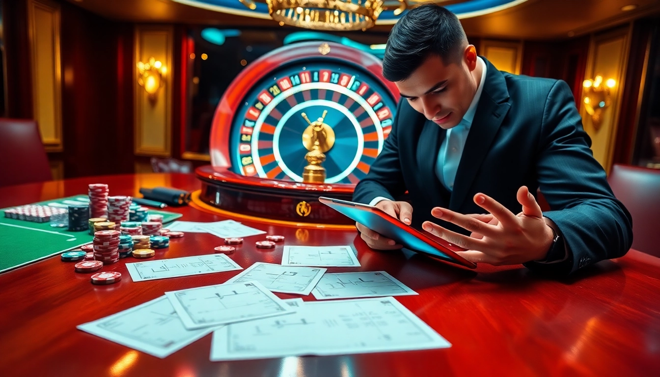 Action-packed scene of a gambler calculating เทคนิคแทงบอล odds with betting slips and colorful chips.