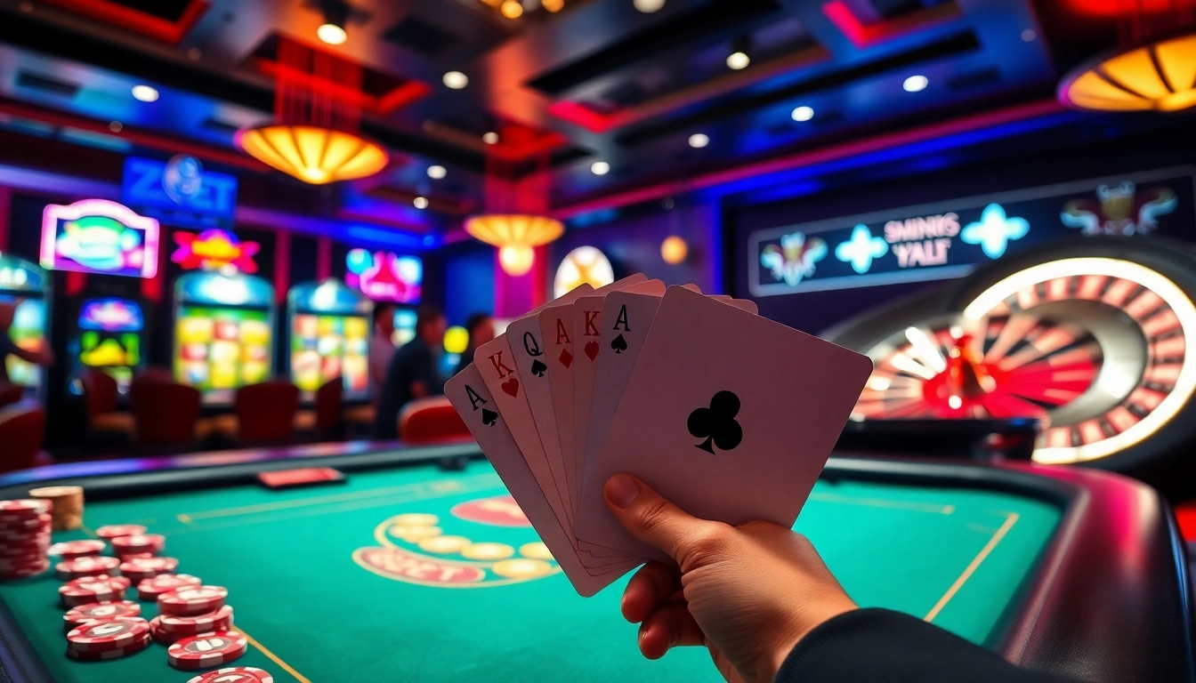 Experience the thrill of ZBET in a luxurious casino setting with poker, roulette, and vibrant chips.