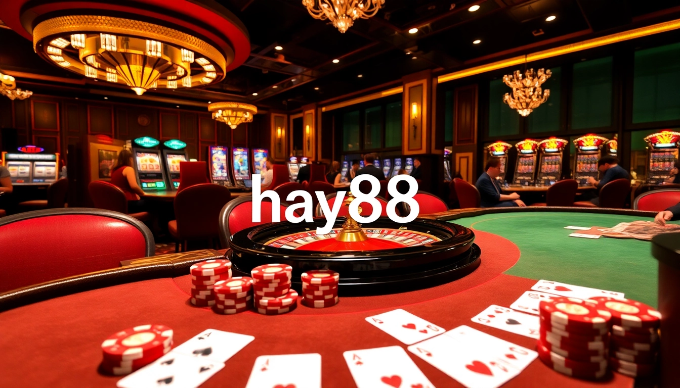 Players enjoy high-stakes gambling at Hay88 casino, featuring vibrant tables and exciting slots.