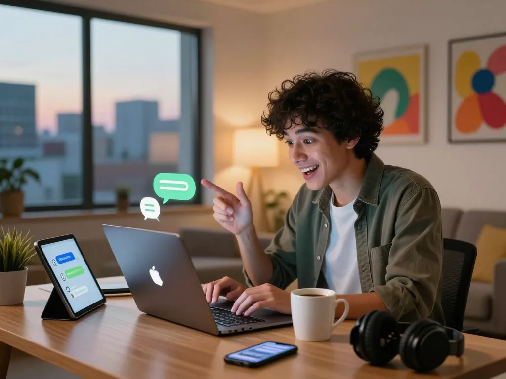 Immersive ai chat nsfw experience with a user engaged in digital conversation in a cozy home office.