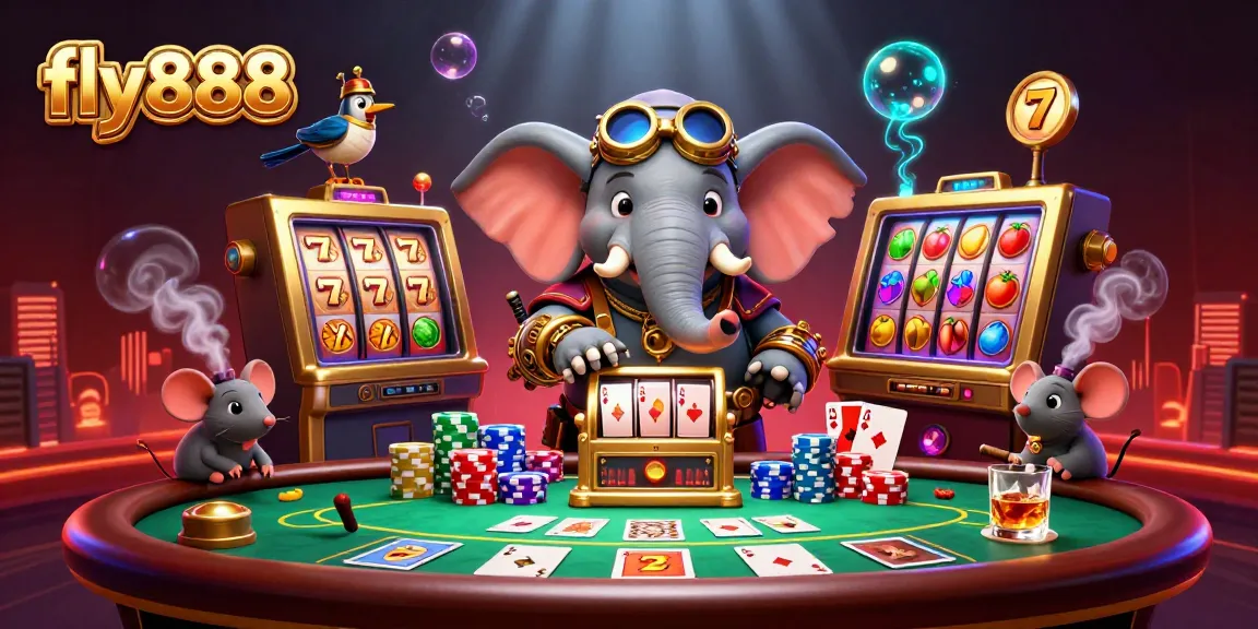 Experience fly888 excitement with a steampunk elephant engaging in a vivid casino scene packed with action and joy.
