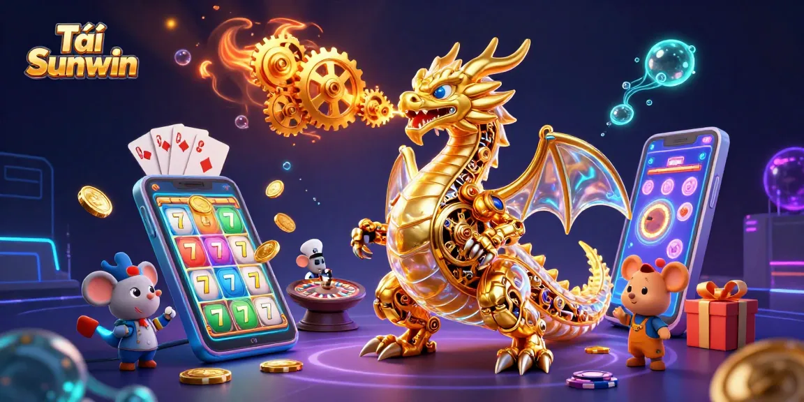 Tải Sunwin to experience vibrant casino adventure with animated golden dragon and slot games.