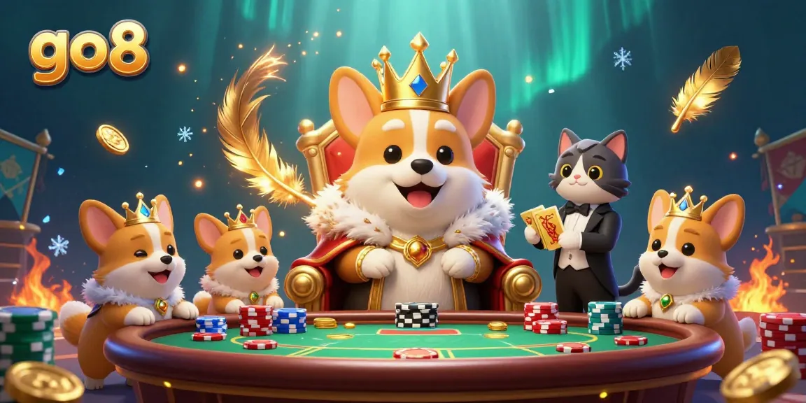 Experience the thrill at go8's poker table with royal corgi characters and dynamic gambling elements.