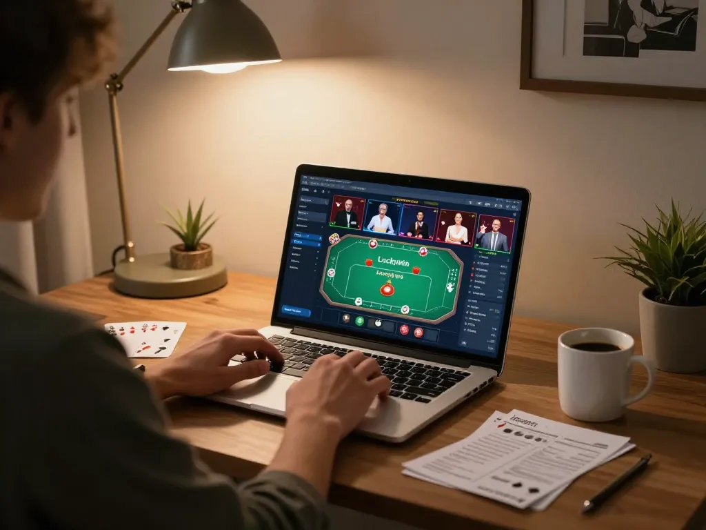 Engaging gaming experience on Luckywin with player enjoying poker in a cozy home office setting.