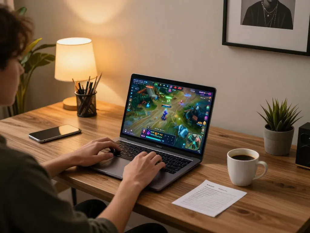 Player enjoying GAME BÀI MM99 on laptop during a cozy home gaming session with strategic notes