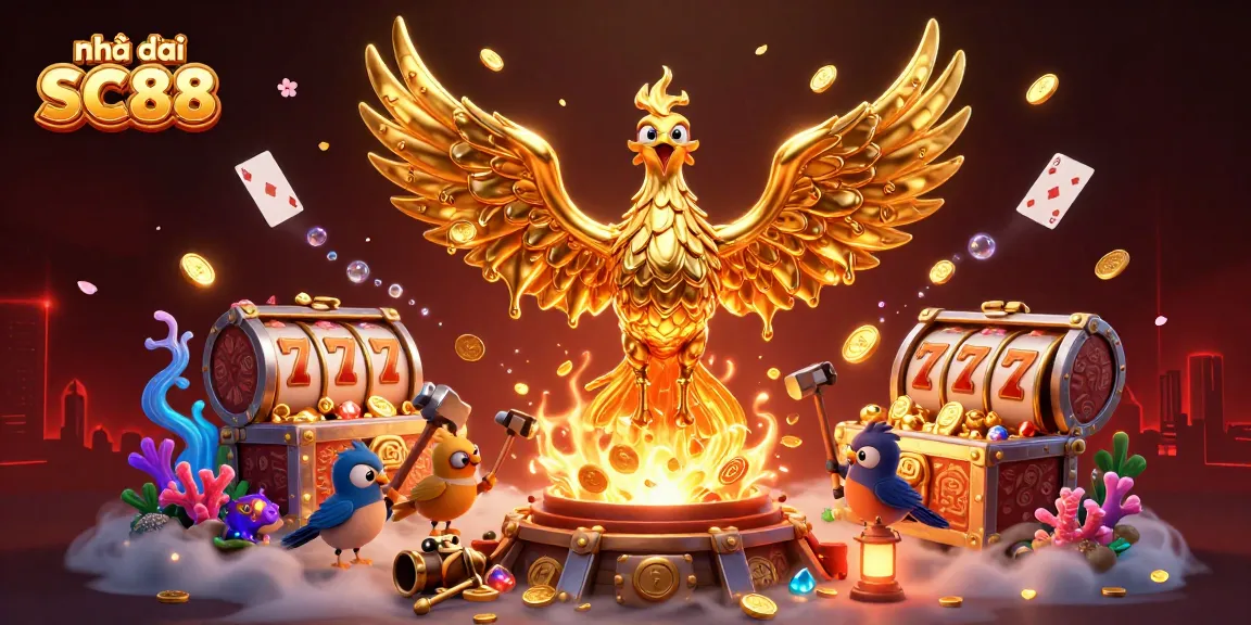 Experience thrilling games at Nhà cái SC88 with vibrant illustrations of winning jackpot reels and dynamic action.