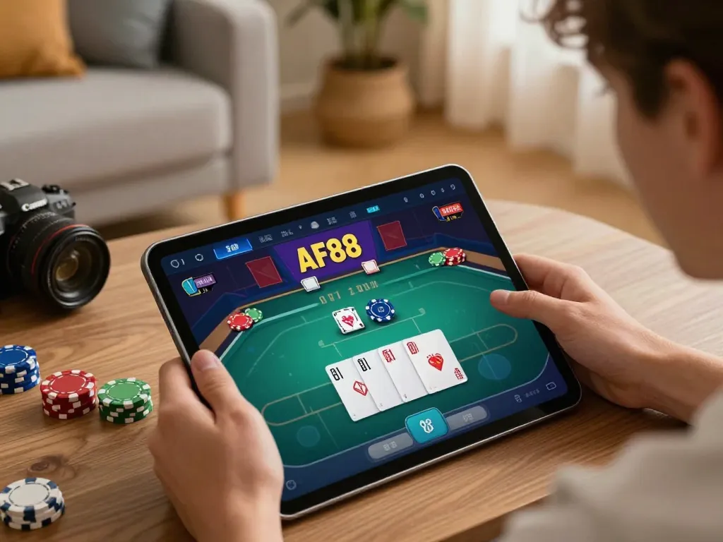 Player engaging with AF88 app on tablet, poker game interface visible in a cozy home environment.
