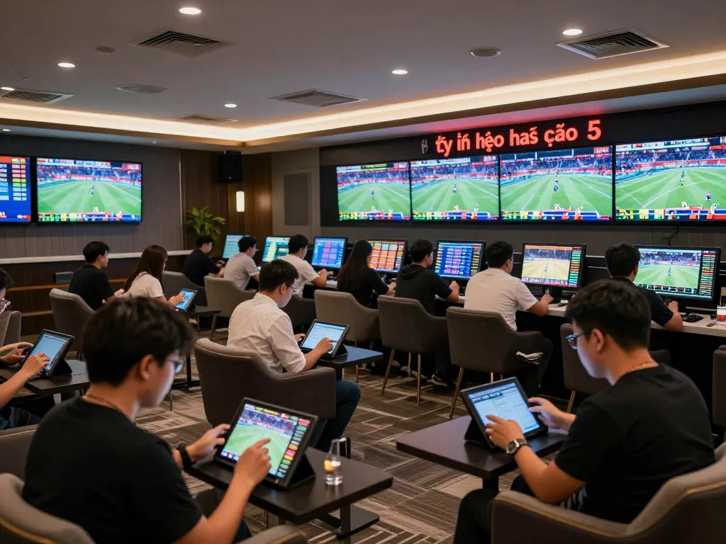 Tỷ lệ kèo nhà cái 5 displayed on multiple screens in a lively sports betting lounge, as bettors engage actively with tablets.