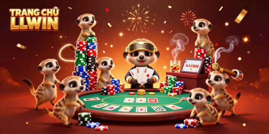 Experience the excitement of TRANG CHỦ LLWIN in a lively casino scene with meerkats managing games.