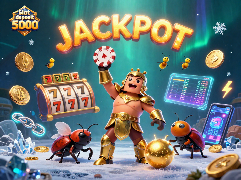 Play with slot deposit 5000 and win big as the beetle lifts a poker chip amidst glowing coins.
