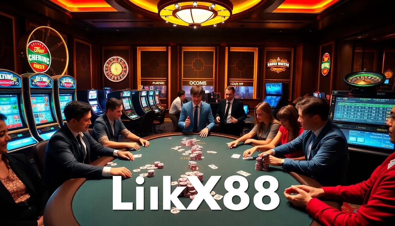 Engaging casino players enjoying poker and slot machines at link xx88, showcasing excitement and professionalism.