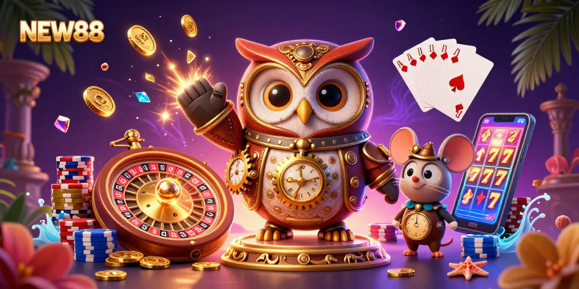 Engage with exciting gaming moments at NEW88, featuring vibrant casino elements and characters.