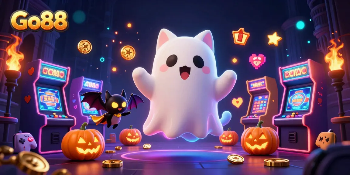 Experience Go88 at a haunted casino with ghostly fun, vibrant arcade machines, and glowing poker elements.