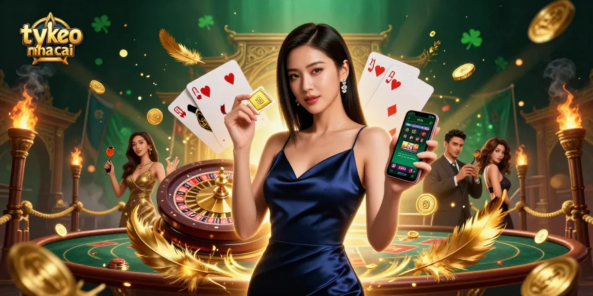 Explore the vibrant ty le keo nha cai scene with a confident woman holding a casino app and golden chip.