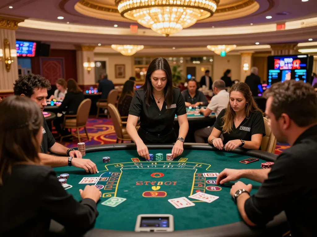 Tỷ lệ kèo nhà cái influencing players' strategies at a vibrant blackjack table.