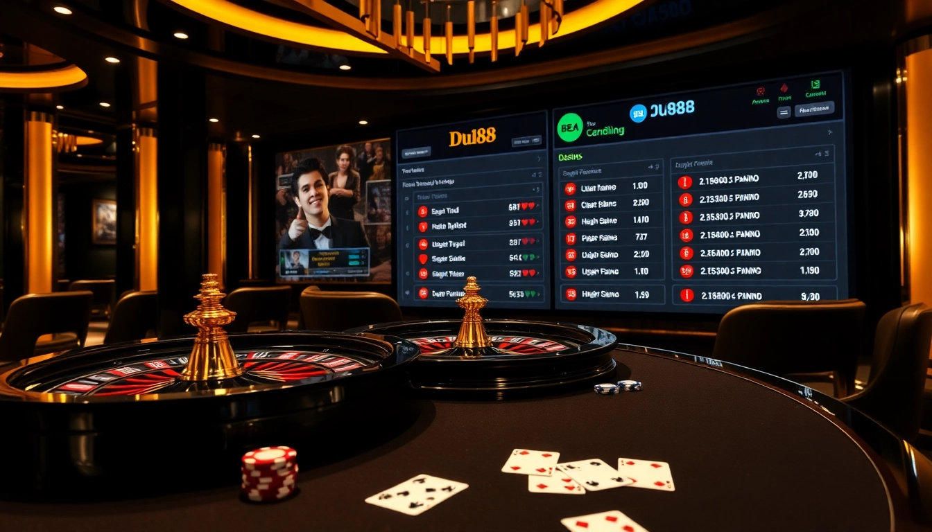 Experience the thrill of du88 with an elegant casino scene featuring poker chips and a roulette wheel.