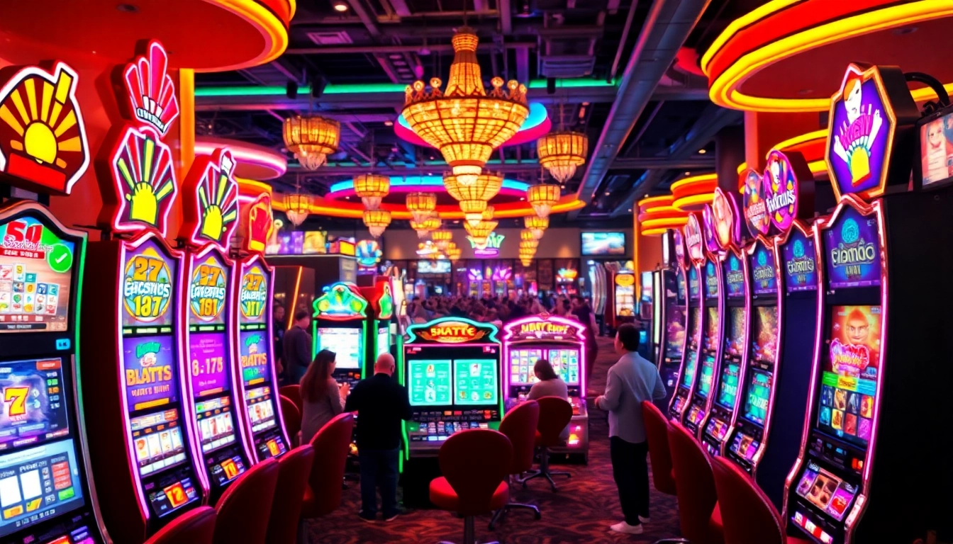 Permainan Slot Game yang menarik dengan mesin slot berwarna-warni di kasino yang ramai.