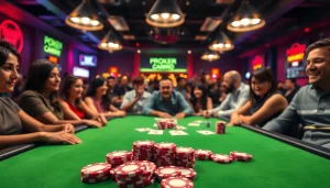 Engage in a thrilling Poker Game with players around a vibrant table showcasing intensity.