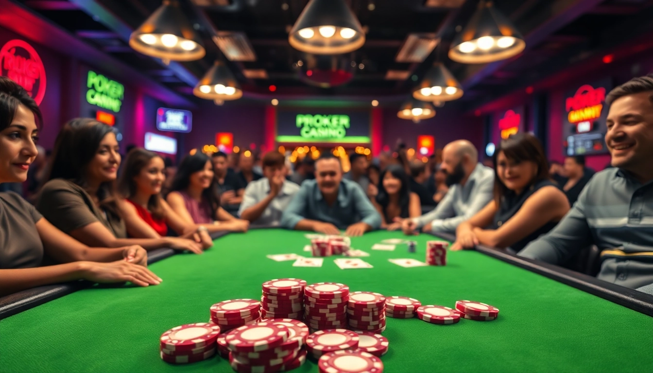 Engage in a thrilling Poker Game with players around a vibrant table showcasing intensity.