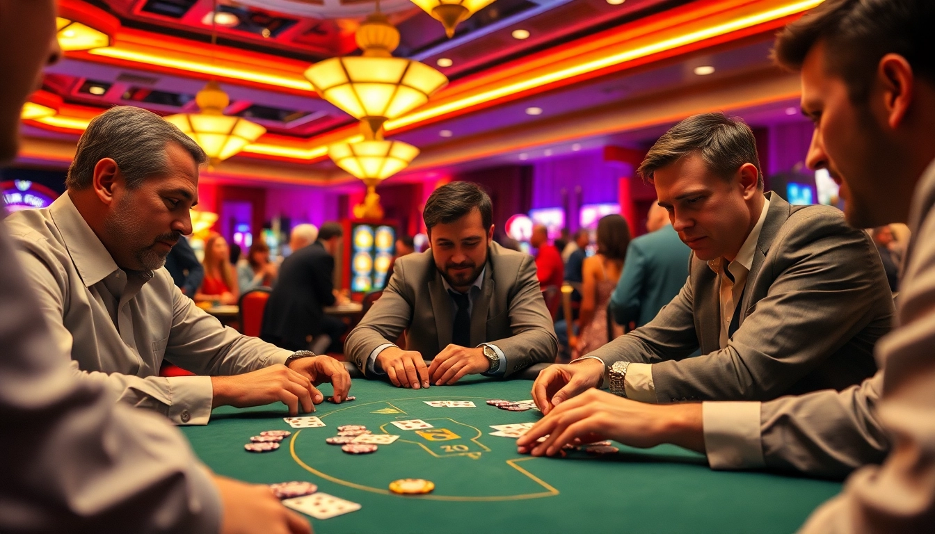 Engage in a thrilling match at a lively Blackjack Casino table with focused players and vibrant atmosphere.